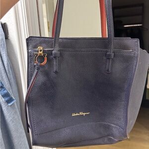 Salvatore Ferragamo Navy Blue Leather Tote Bag